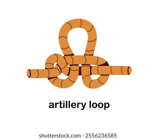 Artillery loop, Manharness knot. Rope tying for safety. Strong cord binding, harness hitch, secure connection. Reliable string. Flat graphic vector illustration isolated on white background