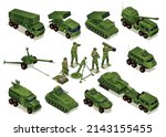 Artillery, rocket artillery, howitzer, ATGM, mortar with crew, heavy track with tank. Combat Vehicles vector collection set isometric icons on isolated background