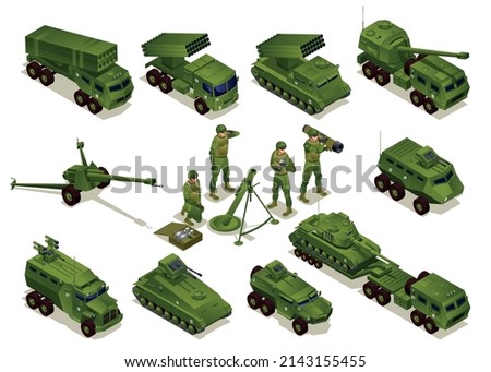 Artillery, rocket artillery, howitzer, ATGM, mortar with crew, heavy track with tank. Combat Vehicles vector collection set isometric icons on isolated background