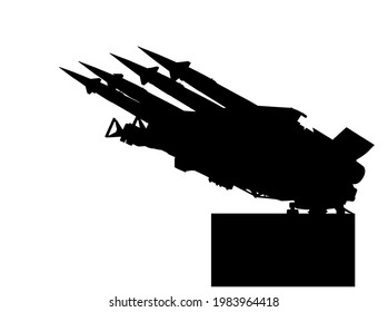 Raketenwerfer mit Artillerie, Vektorsilhouettengrafik. Raketenträgerplattform mit Atombombe. Atomtest, Kriegsbehandlung.  Bombenanschlag mit Luftprojektil.  Mächtige Waffen. Zerstörung von Raketen. 