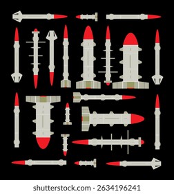 Artillerie-Raketen-Sammlung, Vektorgrafik einzeln. Raketengeschoss, Atombombe. Howitzer-Kriegsgeschenk. Luftangriff. Mächtige Bombe zur Zerstörung von Waffenraketen. Flugabwehr.
