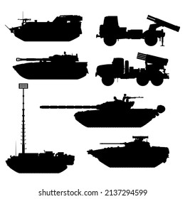 Artillery Silhouette Vector Icons Set. Multiple Launch Rocket System And Electronic Warfare Complex. MLRS. Vector EPS10.
