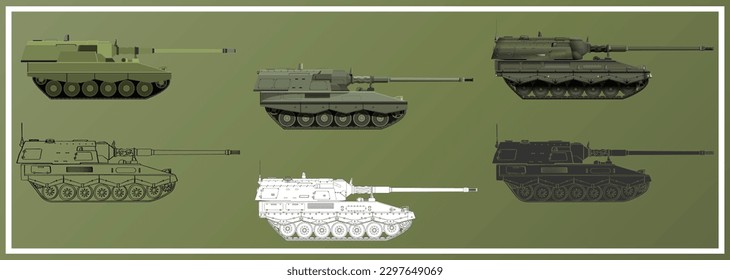 Artillery system SET. Self-propelled howitzer. German 155 mm Panzerhaubitze 2000. Military armored vehicle. Detailed colorful vector illustration isolated on white background.