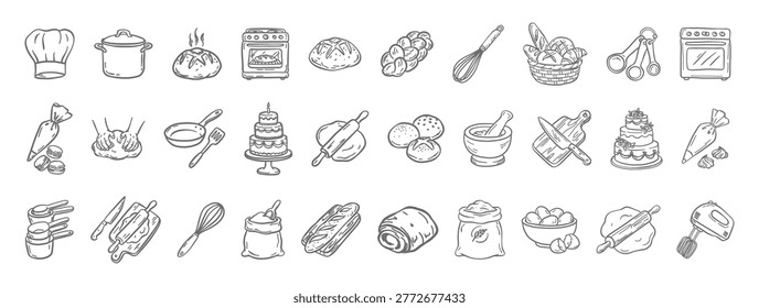 Artisan bakery bread icon set in minimalist line art style. Features fresh sourdough loaf, round buns, flaky croissant, baguette, and braided bread. Perfect for bakery branding and menu 