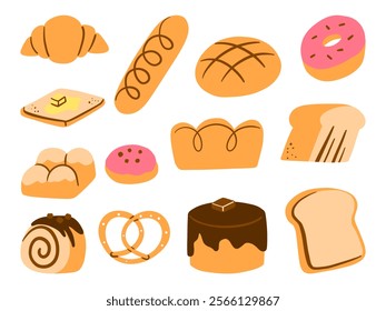 Artisan Bakery Bread and Pastry Collection. A collection of 13 bakery-themed elements, including breads, pastries, and desserts, designed in warm tones and cozy, artisanal styles