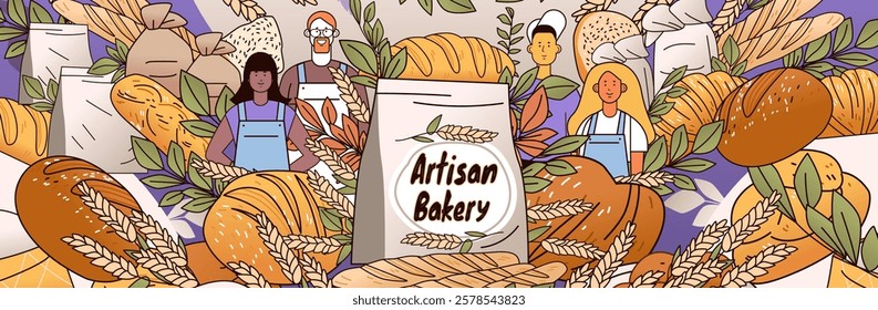 Artisan bakery concept with diverse bakers surrounded by various bread types wheat and leaves in a colorful setting. Ideal for website design or banners