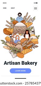 Artisan bakery concept with diverse people surrounded by bread wheat and leaves colorful design for website or mobile app landing page