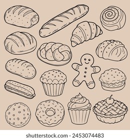 Ilustración de Productos de panadería artesanal, panes, pasteles y postres