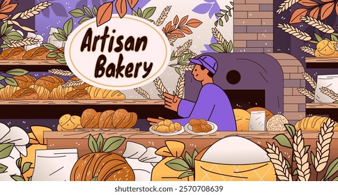 Artisan bakery shop scene with baker surrounded by breads and pastries. Warm colors with decorative leaves and wheat. Perfect for website banner or landing page