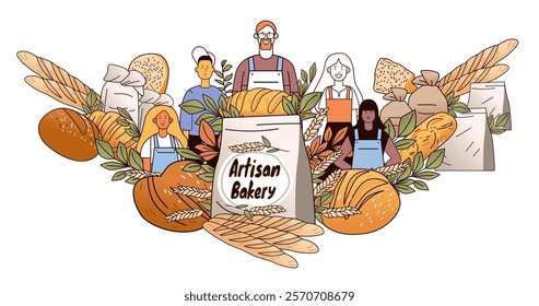 Artisan bakery theme with bakers and bread surrounded by wheat and leaves colorful design featuring diverse bakers and various breads in a decorative style