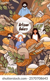 Artisan bakery theme with bread and people. Diverse characters holding baked goods surrounded by wheat leaves and bread. Warm earthy colors. Banner design