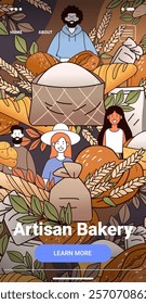 Artisan bakery theme with diverse bakers. Colorful bread wheat and leaves surround three smiling characters. Earthy tones with blue accents. Mobile app screen