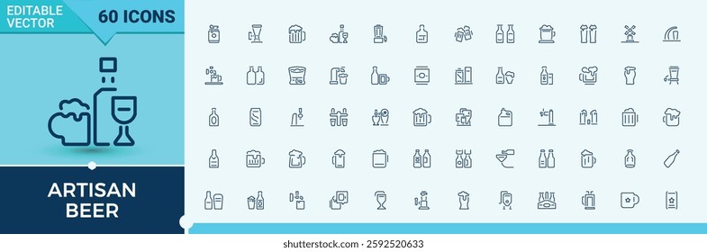 Artisan Beer icon set. Contain linear outline icons barrel, ale, alc, oktoberfest, wheat, beer, keg, barley. UI icon set in a thin design. Editable vector stroke.