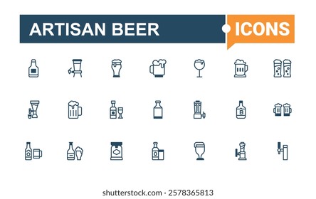 Artisan Beer icons set in linear style. It contains symbols to keg, brewery, alc, pack, cap, fish, craft, malt. Minimalistic icons. Editable vector outline and solid icons.