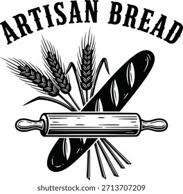 Artisan bread typography with crossed rolling pins for bakery logo, fresh food pastry badge, wheat cooking emblem and isolated on transparent culinary graphic illustration