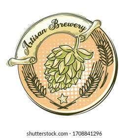 Artisan brewery stylized drawn hop head beer brewing emblem