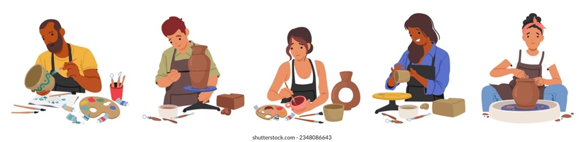 Artisan Characters Shaping Clay On Wheels, Creating Unique Pottery With Skilled Hands. Precision, Creativity, And Patience To Produce Functional And Artistic Pieces. Cartoon People Vector Illustration