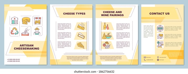 Artisan cheesemaking brochure template. Cheese and wine pairings. Flyer, booklet, leaflet print, cover design with linear icons. Vector layouts for magazines, annual reports, advertising posters