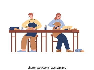 Artisan Cobbler Manufacturing Leather Footwear. Women Making Leather Shoes Sitting At The Table Front View. Shoe Maker Job Craftmanship Cartoon Vector Illustration.