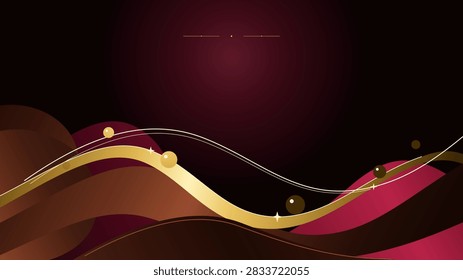 Artisan confectionery packaging backdrop with velvety liquid ribbons and polished swirls. Chocolate, Burgundy and Gold color theme.
