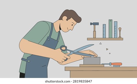 Artisan crafting and cutting material with large scissors on a workbench in a workshop.