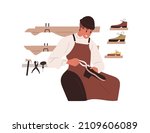 Artisan during shoe making process. Cobbler repairing boots. Shoemaker in apron at work, manufacturing handmade footwear. Flat graphic vector illustration of craftsman isolated on white background