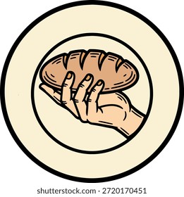 Artisan hand holding fresh bread loaf circular icon. Vintage illustration perfect for bakery logos, organic food branding, restaurant menus, and packaging.