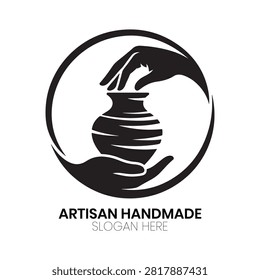 Artisan Handmade logo features a detailed pair of hands shaping a clay vessel on a potter wheel, highlighting traditional craftsmanship and sculpting artistry. This exquisite design is well-suited for ceramic studios, sculpture workshops, handcraft guilds, pottery instructors, or artisanal design brands seeking a classic and expressive identity centered on craftsmanship.
