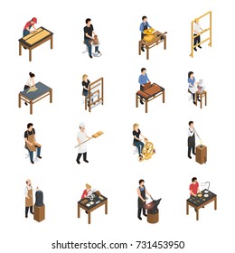 Artistisches isometrisches Set mit Baker-Glasbläser-Tischler Schneidemaschine-Tischler Schmiedeschuh-Schmiedekunstwerk Figuren einzelne Vektorgrafik