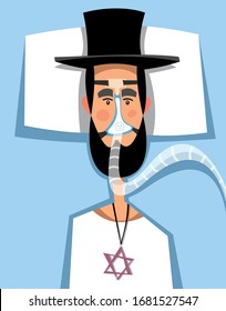 Artisan Jew in an oxygen mask for ventilation of the lungs. The concept of treatment of coronavirus. Flat vector illustration in cartoon style.