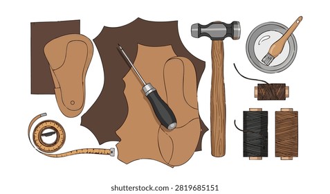 Artisan Leathercraft Tools and Materials Laid Out Flat for Handcrafted Goods Production