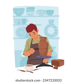 Artisan Male Character Shaping Clay Into Beautiful Pottery Using Carver and Wheel, Adding Intricate Details With Tools To Create Unique And Functional Ceramic Piece. Cartoon People Vector Illustration