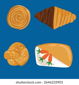 Artisan Pastry Collection with Chocolate Croissant, Sesame Cruffin, and Carrot Cake
An elegant collection of hand-drawn or digitally styled artisan pastries, featuring chocolate rocher croissant