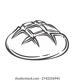 Artisan round bread boule with decorative scoring on crust in retro outline style. Traditional wheat loaf, handcrafted bakery bread, engraved monochrome vector illustration.