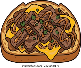 Artisan toast bread topped with sauteed beef strips and melted yellow cheese vector