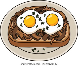 Artisan toast bread topped with two fried eggs and sauteed mushrooms vector illustration