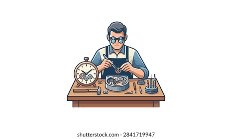 Artisan watchmaker repairing a clock at a workbench.