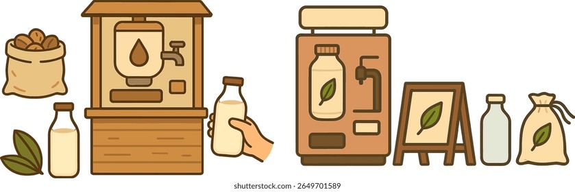 An artisan workshop features a coffee machine with plant-based milk options. Containers of milk and ingredients are displayed, emphasizing eco-friendly choices in beverage preparation.