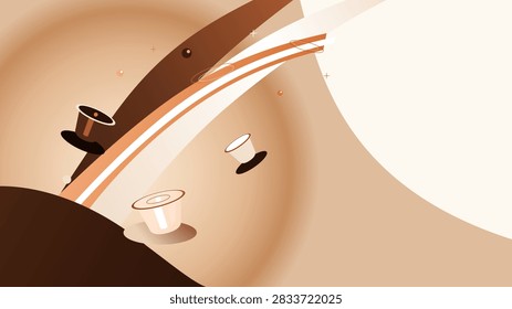 Artisanal coffee subscription promotion showcasing upward fluid aroma waves and capsules. Coffee, Copper and Cream color theme.