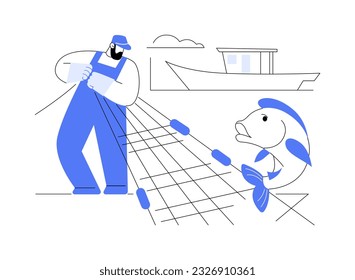 Artisanal fishing abstract concept vector illustration. Man on small-scale fishing boat, commercial water transportation, sea transport industry, usage of rod and tackle abstract metaphor.