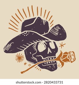 Artisanal grunge doodle illustration featuring a human skull wearing a cowboy hat. The antique style vector clipart displays celestial magic symbols, arrows, and leaves, rendered with an aged textured