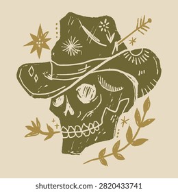 Artisanal grunge doodle illustration featuring a human skull wearing a cowboy hat. The antique style vector clipart displays celestial magic symbols, arrows, and leaves, rendered with an aged textured
