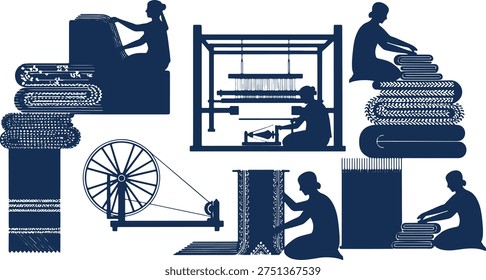 Artisanal textile creation process depicted through silhouettes handloom weaving spinning wheel operation and fabric folding showcasing traditional craftsmanship in a clean white background