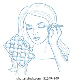 Artist applying makeup with a brush on woman face. Visagiste doing makeup to young girl. Visagiste doing makeup to a model using a brush. Hand drawn vector sketch illustration on white background.