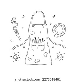 Artist apron. Pocket with brushes, pencils, paint tube. Around it blotches, stars, palette and brush stroke. Black and white vector isolated illustration hand drawn. Creative craft