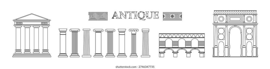 Artist architectural element icons set. Isolated vector emblems for your design. Art antique objects.