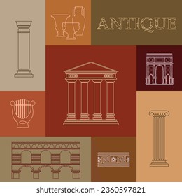 Conjunto de iconos de elementos de arquitectura de artista. Emblemas vectoriales aislados para su diseño. Objetos de arte antiguos.