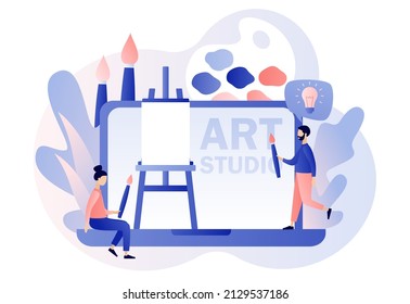 Artist. Art school or studio online. Tiny people artists with canvas on easel on laptop screen, pallete and brushes. Art workshop. Create picture. Modern flat cartoon style. Vector illustration 