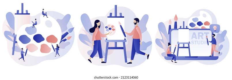 Artist. Art school or studio. Tiny people artists with canvas on easel, big pallete and brushes. Art workshop. Artist create picture. Modern flat cartoon style. Vector illustration on white background