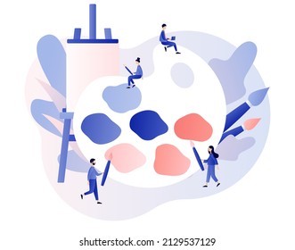 Artist. Art school or studio. Tiny people artists with big pallete, canvas on easel and brushes. Art workshop. Artist create picture. Modern flat cartoon style. Vector illustration on white background